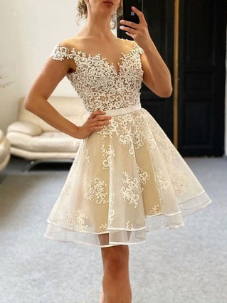 A-line Off-the-shoulder Lace Tulle Knee-length Homecoming Dresses With Appliques Lace #Favs020111471