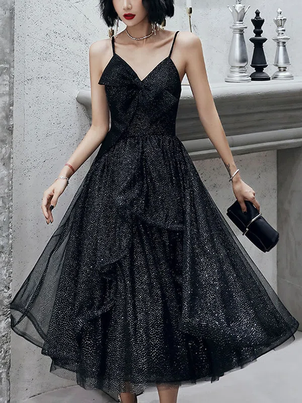 A-line V-neck Glitter Tea-length Homecoming Dresses With Cascading Ruffles #Favs020111475