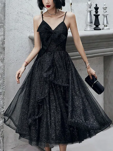 A-line V-neck Glitter Tea-length Homecoming Dresses With Cascading Ruffles #Favs020111475