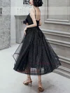 A-line V-neck Glitter Tea-length Homecoming Dresses With Cascading Ruffles #Favs020111475
