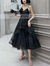 A-line V-neck Glitter Tea-length Homecoming Dresses With Cascading Ruffles #Favs020111475