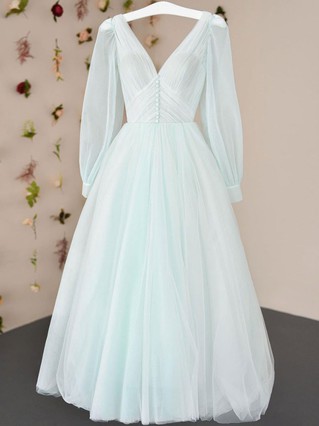 A-line V-neck Tulle Tea-length Homecoming Dresses With Buttons #Favs020111479 A-line V-neck Tulle Tea-length Homecoming Dresses With Buttons #Favs020111479