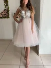 A-line V-neck Lace Tulle Knee-length Homecoming Dresses With Appliques Lace #Favs020111484