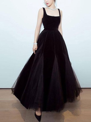 A-line Square Neckline Tulle Velvet Ankle-length Homecoming Dresses #Favs020111485