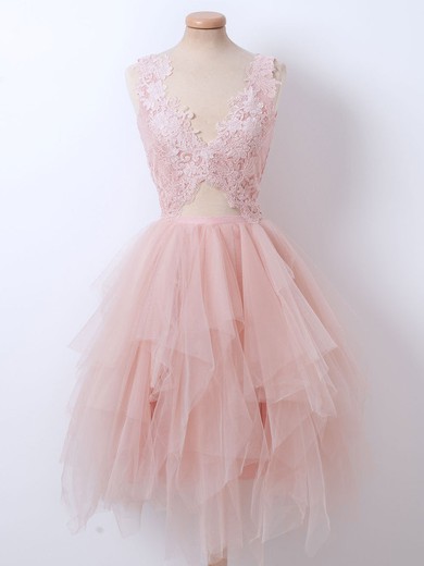 A-line V-neck Lace Tulle Knee-length Homecoming Dresses With Appliques Lace #Favs020111487