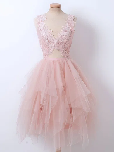 A-line V-neck Lace Tulle Knee-length Homecoming Dresses With Appliques Lace #Favs020111487