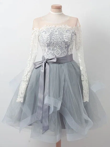A-line Scoop Neck Tulle Lace Knee-length Homecoming Dresses With Bow #Favs020111488