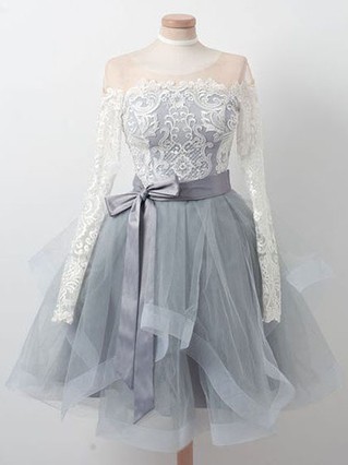 A-line Scoop Neck Tulle Lace Knee-length Homecoming Dresses With Bow #Favs020111488 A-line Scoop Neck Tulle Lace Knee-length Homecoming Dresses With Bow #Favs020111488