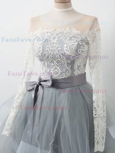 A-line Scoop Neck Tulle Lace Knee-length Homecoming Dresses With Bow #Favs020111488