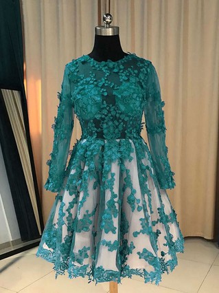 A-line Scoop Neck Tulle Lace Knee-length Homecoming Dresses With Appliques Lace #Favs020111490 A-line Scoop Neck Tulle Lace Knee-length Homecoming Dresses With Appliques Lace #Favs020111490