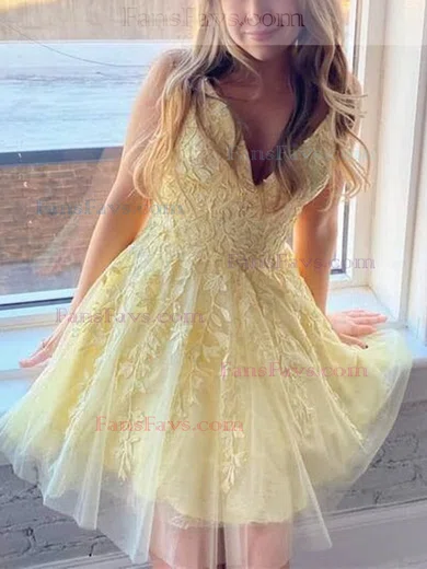 A-line V-neck Tulle Lace Short/Mini Homecoming Dresses With Appliques Lace #Favs020111492