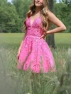 A-line V-neck Tulle Lace Short/Mini Homecoming Dresses With Appliques Lace #Favs020111492