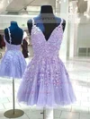 A-line V-neck Tulle Lace Short/Mini Homecoming Dresses With Appliques Lace #Favs020111492