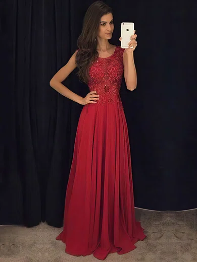 A-line Scoop Neck Chiffon Floor-length Appliques Lace Prom Dresses #Favs020103514