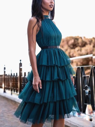 A-line High Neck Tulle Knee-length Homecoming Dresses With Sashes / Ribbons #Favs020111499