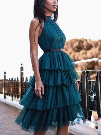 A-line High Neck Tulle Knee-length Homecoming Dresses With Sashes / Ribbons #Favs020111499