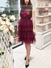 A-line High Neck Tulle Knee-length Homecoming Dresses With Sashes / Ribbons #Favs020111499