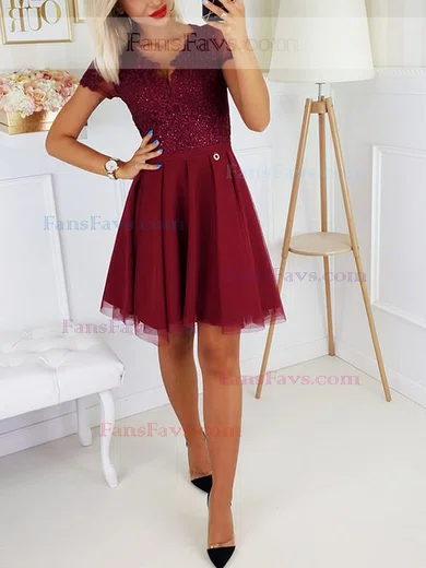 A-line V-neck Tulle Silk-like Satin Short/Mini Homecoming Dresses With Beading #Favs020111501