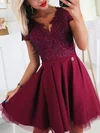 A-line V-neck Tulle Silk-like Satin Short/Mini Homecoming Dresses With Beading #Favs020111501