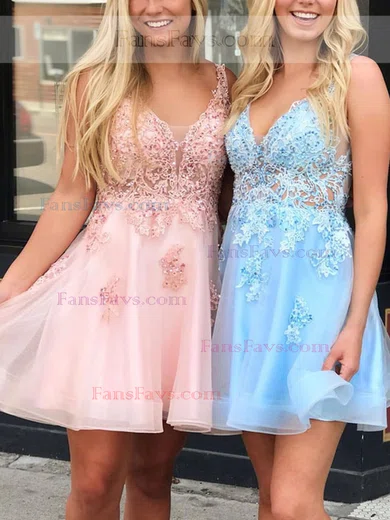 A-line V-neck Organza Short/Mini Homecoming Dresses With Appliques Lace #Favs020111502