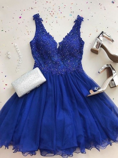 A-line V-neck Lace Tulle Short/Mini Homecoming Dresses With Appliques Lace #Favs020111504