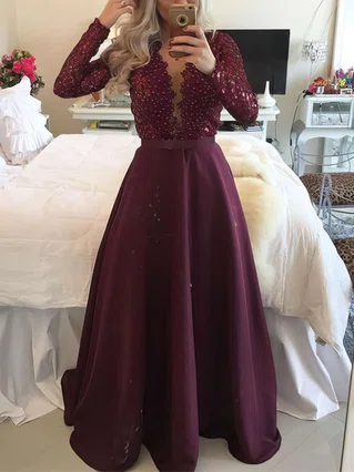 A-line Scoop Neck Satin Floor-length Appliques Lace Prom Dresses #Favs020103603 A-line Scoop Neck Satin Floor-length Appliques Lace Prom Dresses #Favs020103603