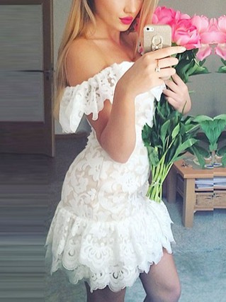 Sheath/Column Off-the-shoulder Lace Tulle Short/Mini Homecoming Dresses With Appliques Lace #Favs020111510 Sheath/Column Off-the-shoulder Lace Tulle Short/Mini Homecoming Dresses With Appliques Lace #Favs020111510