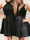 A-line V-neck Satin Short/Mini Homecoming Dresses With Appliques Lace #Favs020111516