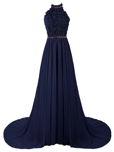 A-line Halter Lace Chiffon Sweep Train Beading Prom Dresses #Favs020103615