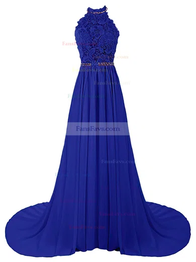 A-line Halter Lace Chiffon Sweep Train Beading Prom Dresses #Favs020103615