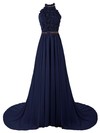 A-line Halter Lace Chiffon Sweep Train Beading Prom Dresses #Favs020103615
