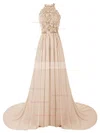A-line Halter Lace Chiffon Sweep Train Beading Prom Dresses #Favs020103615