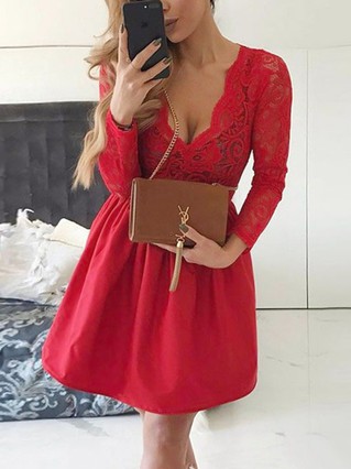 A-line V-neck Satin Lace Short/Mini Homecoming Dresses #Favs020111517