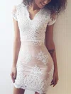 Sheath/Column V-neck Tulle Lace Short/Mini Homecoming Dresses With Appliques Lace #Favs020111518