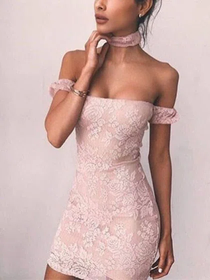 Sheath/Column Off-the-shoulder Lace Short/Mini Homecoming Dresses #Favs020111526