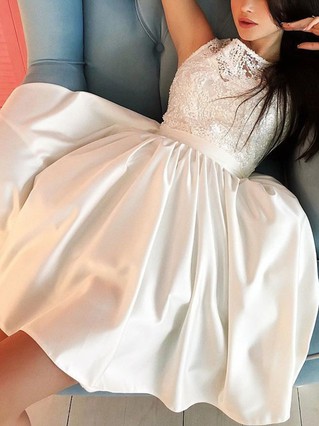 A-line Scoop Neck Lace Silk-like Satin Short/Mini Homecoming Dresses With Appliques Lace #Favs020111529