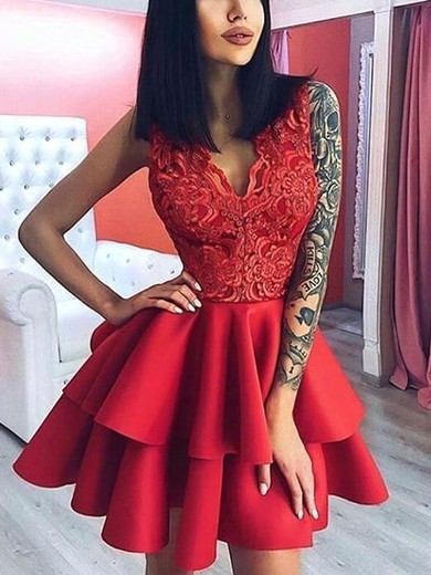 A-line V-neck Lace Stretch Crepe Short/Mini Homecoming Dresses With Appliques Lace #Favs020111530