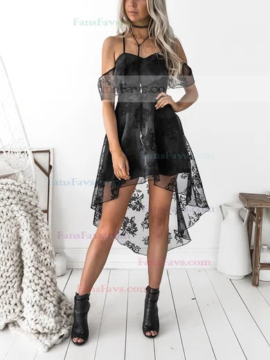 A-line V-neck Tulle Lace Asymmetrical Homecoming Dresses With Appliques Lace #Favs020111531