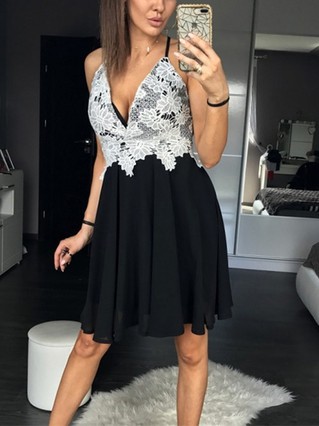 A-line V-neck Chiffon Short/Mini Homecoming Dresses With Appliques Lace #Favs020111536