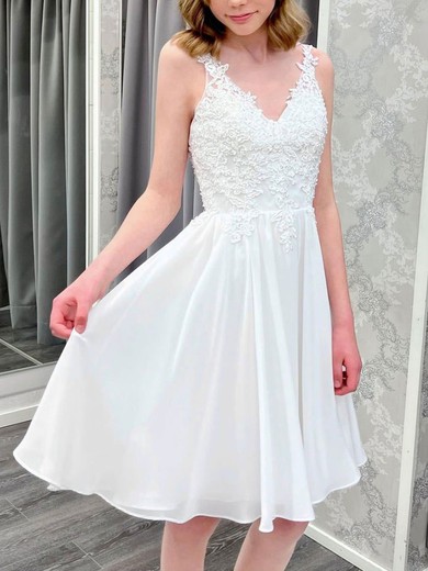 A-line V-neck Chiffon Knee-length Homecoming Dresses With Appliques Lace #Favs020111546
