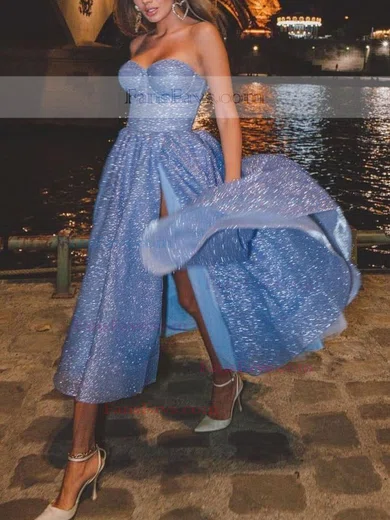 A-line Sweetheart Glitter Tea-length Homecoming Dresses With Split Front #Favs020111548
