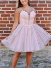 A-line V-neck Lace Tulle Short/Mini Homecoming Dresses With Appliques Lace #Favs020111550
