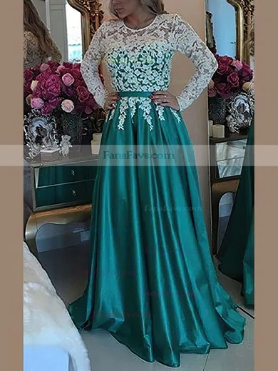 A-line Scoop Neck Lace Satin Floor-length Appliques Lace Prom Dresses #Favs020103719