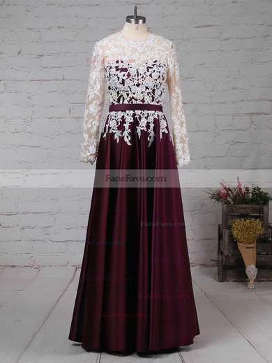 A-line Scoop Neck Lace Satin Floor-length Appliques Lace Prom Dresses #Favs020103719