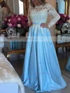 A-line Scoop Neck Lace Satin Floor-length Appliques Lace Prom Dresses #Favs020103719