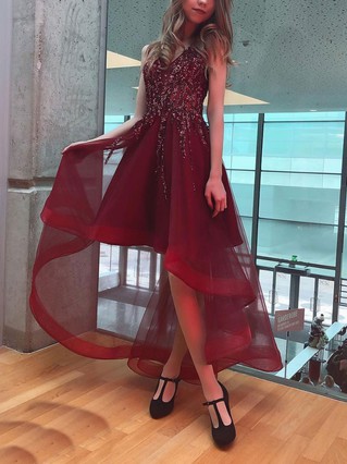 A-line V-neck Tulle Asymmetrical Homecoming Dresses With Beading #Favs020111562
