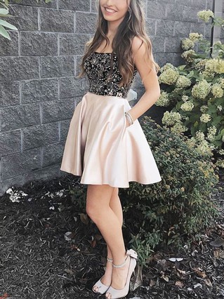 A-line Strapless Satin Short/Mini Homecoming Dresses With Pockets #Favs020111564 A-line Strapless Satin Short/Mini Homecoming Dresses With Pockets #Favs020111564
