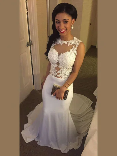 Trumpet/Mermaid Scoop Neck Chiffon Sweep Train Appliques Lace Prom Dresses #Favs020103724