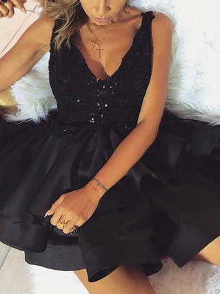 A-line V-neck Satin Short/Mini Homecoming Dresses With Lace #Favs020111570