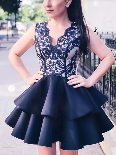 A-line V-neck Satin Short/Mini Homecoming Dresses With Lace #Favs020111571